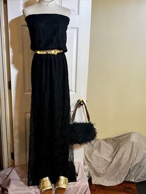 Twins Wms Black Lace Floral Mesh‎ Lined Strapless Whimsigoth Boho Maxi Dress L